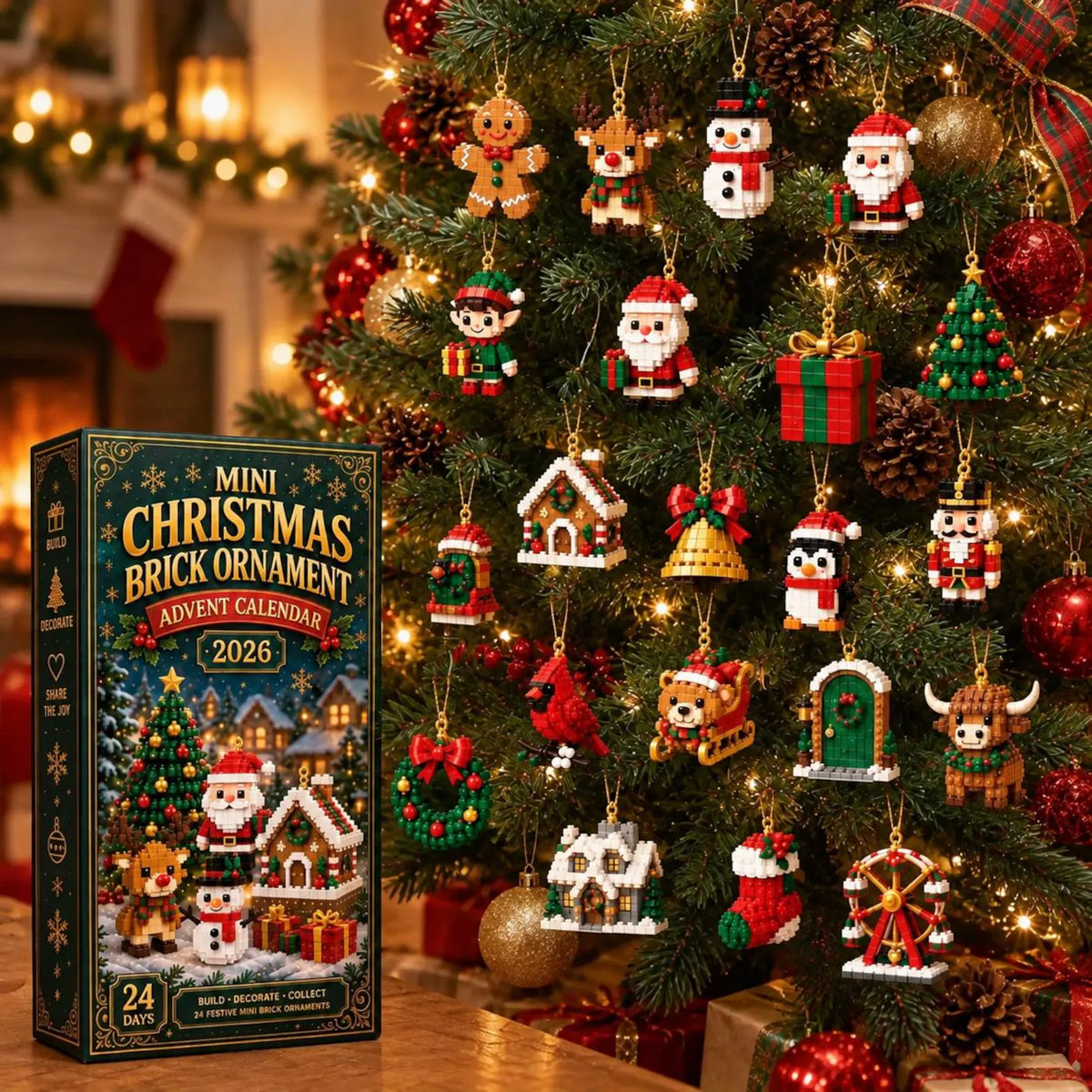 Miniature festive ornaments hanging on a Christmas tree beside the advent calendar box