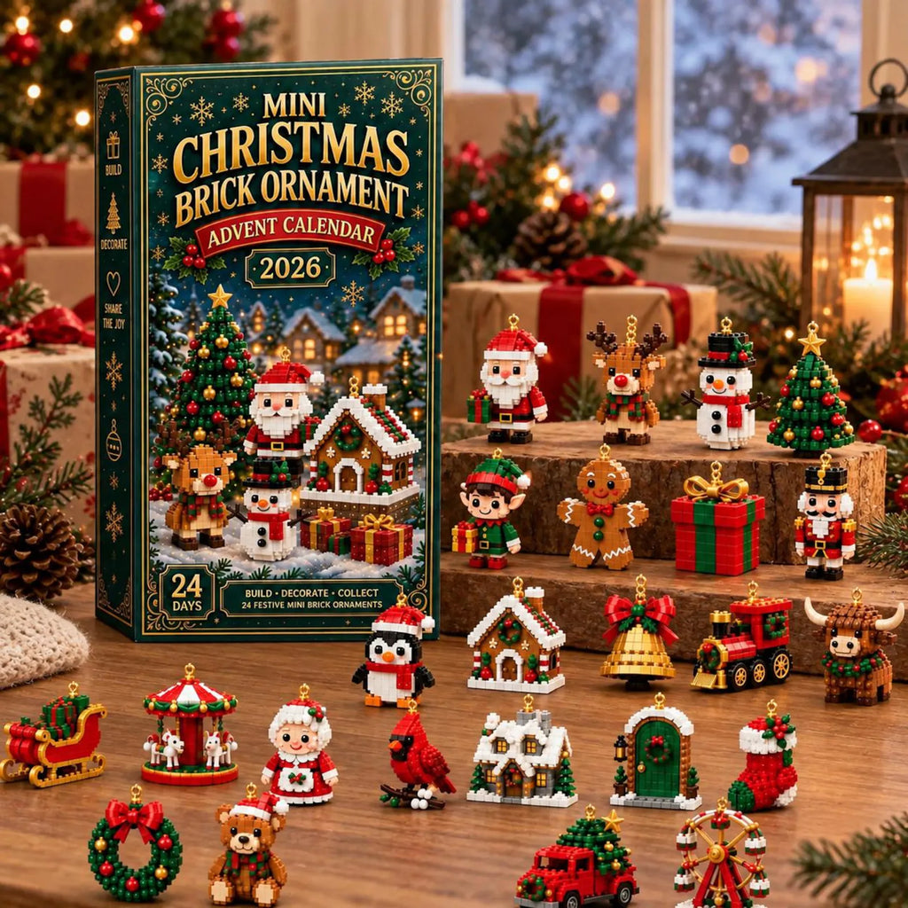 Christmas ornament advent calendar box and miniature decorations arranged on a table