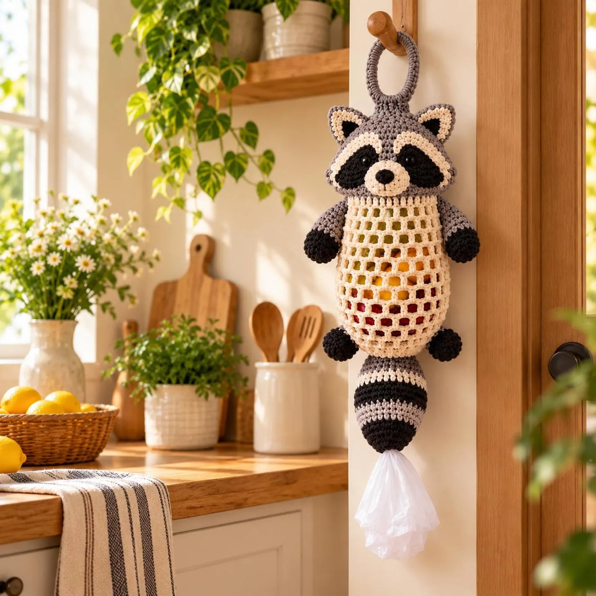 Crochet Highland Cow Storage Kit, DIY Handmade Crochet Kitchen Organizer Kit, Crochet Animal Hanging Storage Bag, Farmhouse-style home decor