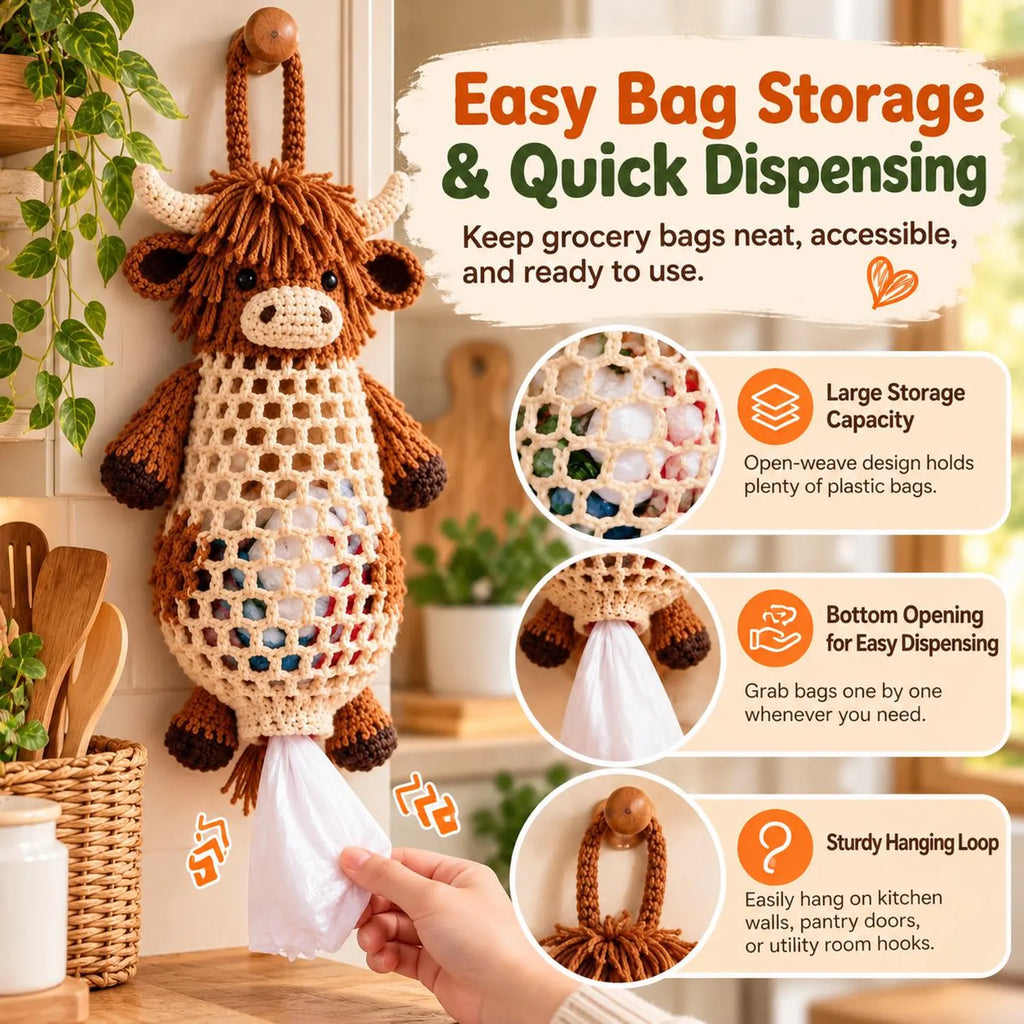 Crochet Highland Cow Storage Kit, DIY Handmade Crochet Kitchen Organizer Kit, Crochet Animal Hanging Storage Bag, Farmhouse-style home decor
