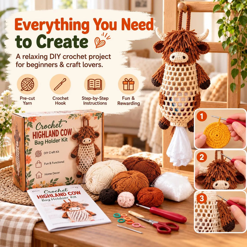 Crochet Highland Cow Storage Kit, DIY Handmade Crochet Kitchen Organizer Kit, Crochet Animal Hanging Storage Bag, Farmhouse-style home decor