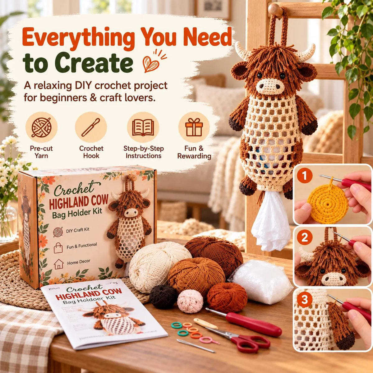 Crochet Highland Cow Storage Kit, DIY Handmade Crochet Kitchen Organizer Kit, Crochet Animal Hanging Storage Bag, Farmhouse-style home decor