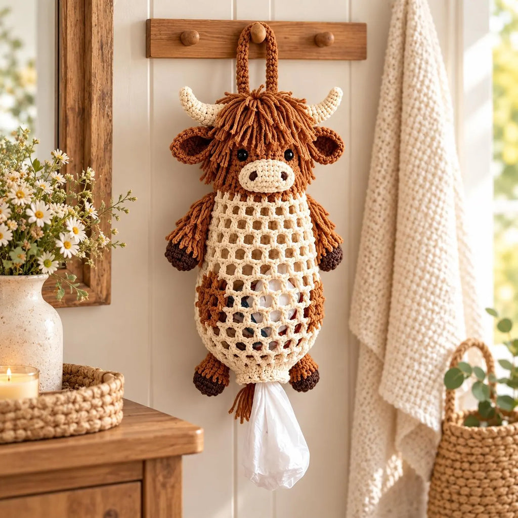 Crochet Highland Cow Storage Kit, DIY Handmade Crochet Kitchen Organizer Kit, Crochet Animal Hanging Storage Bag, Farmhouse-style home decor