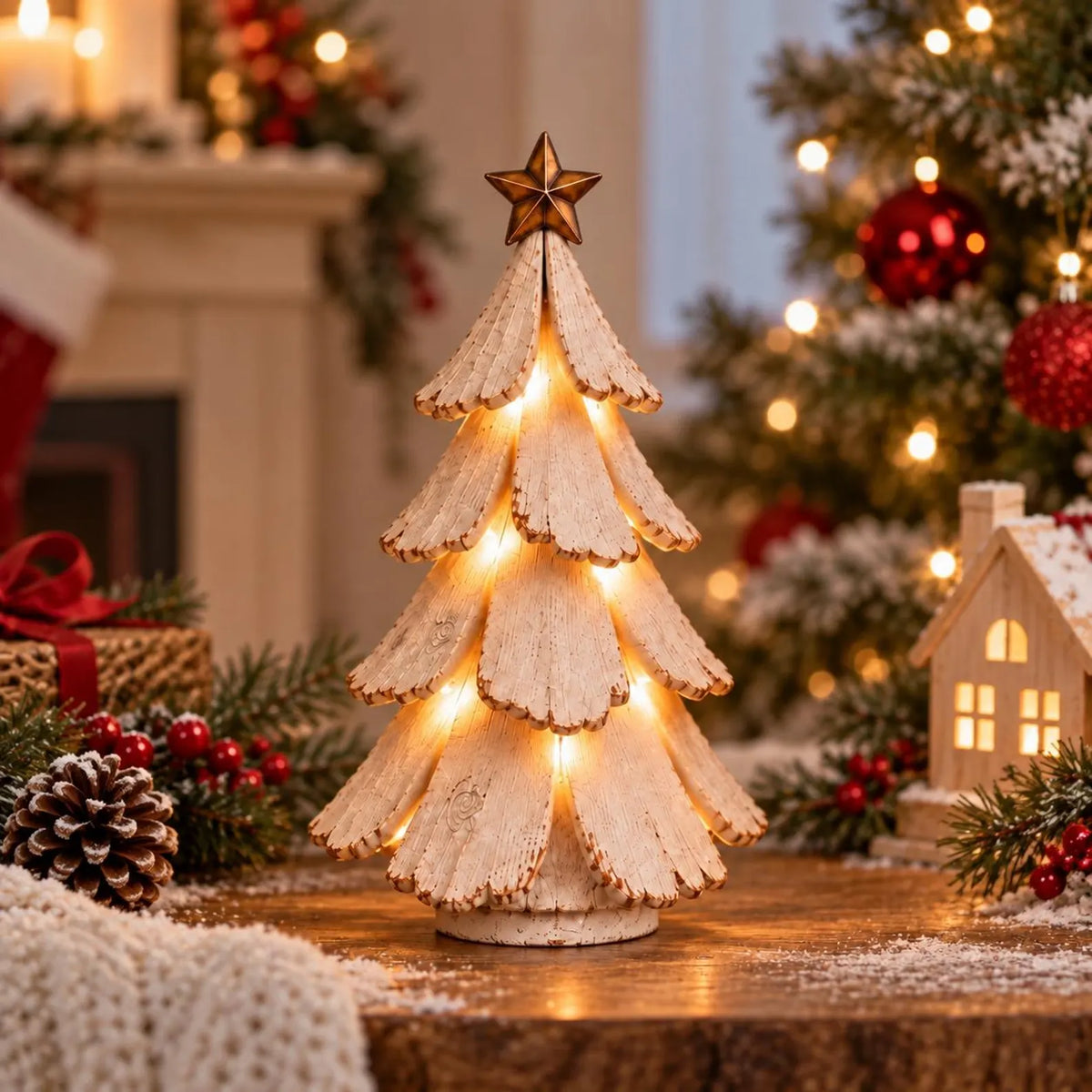 Vintage Mini Lighted Christmas Tree Figurine, Christmas Tabletop Centerpiece, Farmhouse Home Decor, Christmas Gift