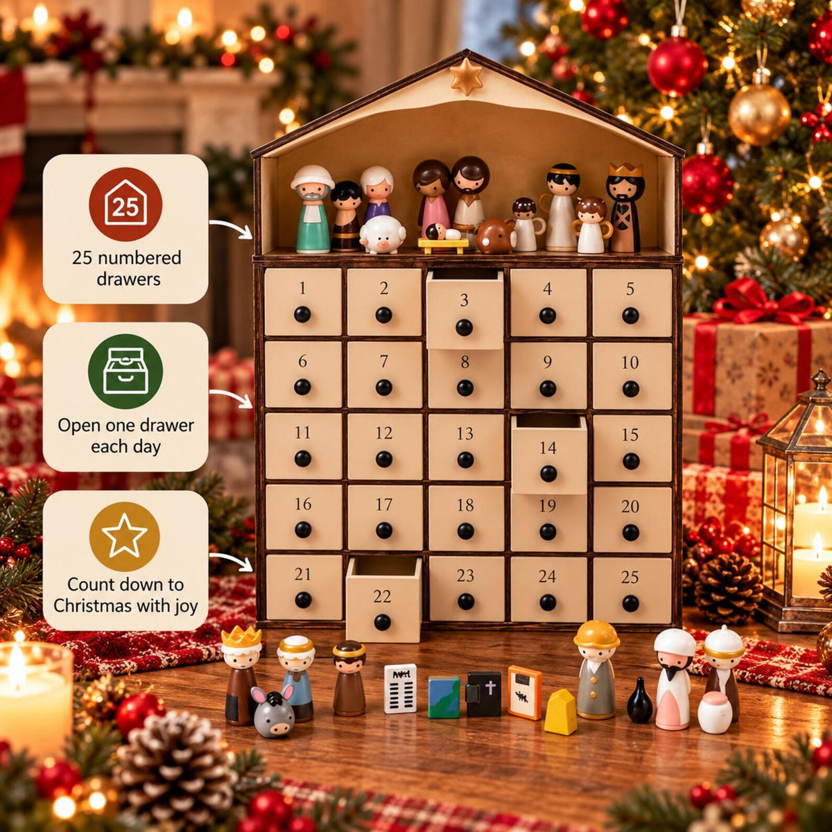 3D Wooden Nativity Advent Calendar – 25-Day Christmas Countdown