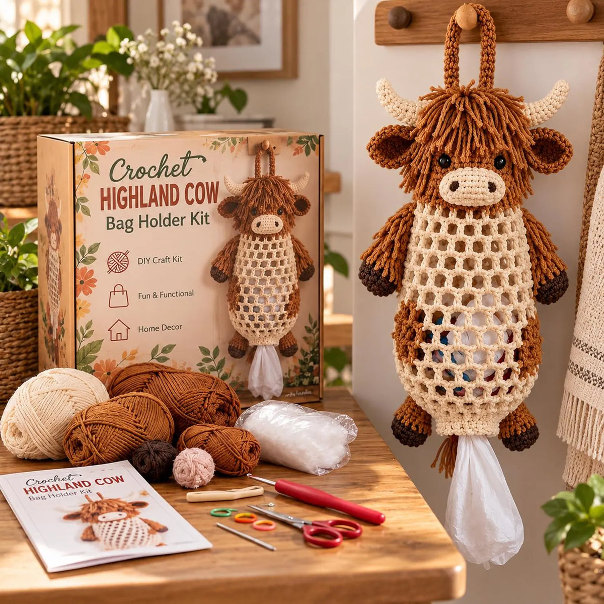 Crochet Highland Cow Storage Kit, DIY Handmade Crochet Kitchen Organizer Kit, Crochet Animal Hanging Storage Bag, Farmhouse-style home decor