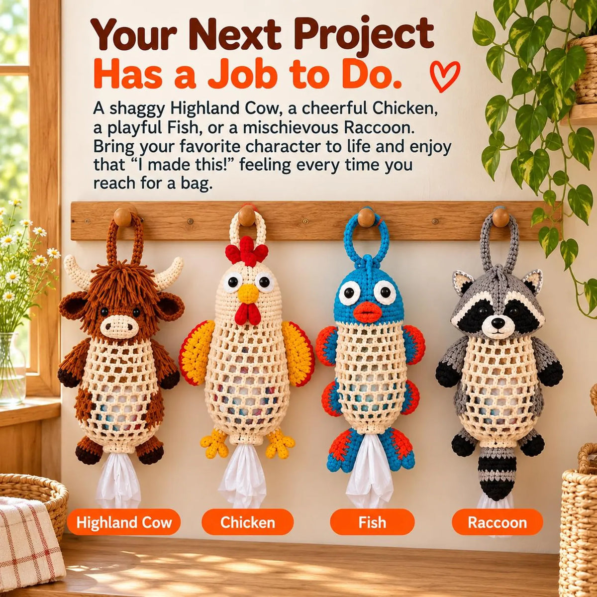 Crochet Highland Cow Storage Kit, DIY Handmade Crochet Kitchen Organizer Kit, Crochet Animal Hanging Storage Bag, Farmhouse-style home decor