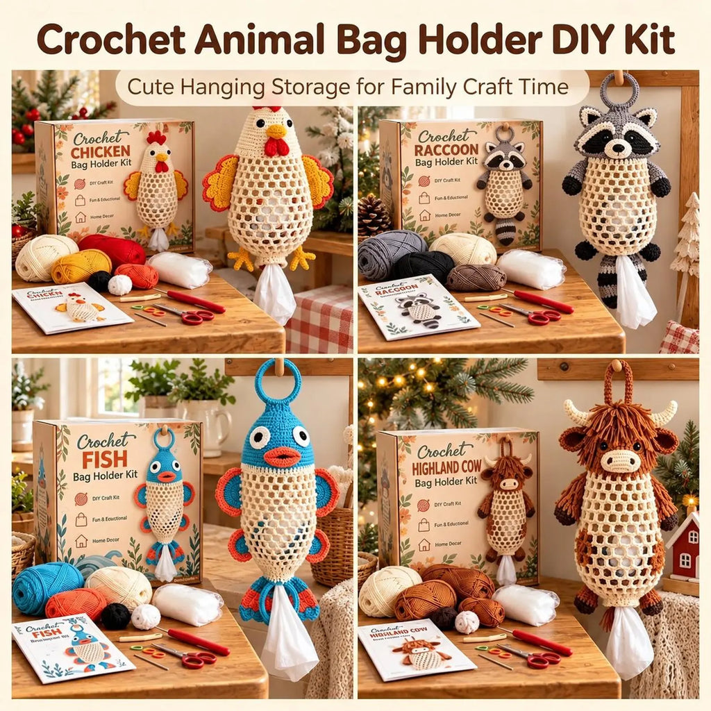 Crochet Highland Cow Storage Kit, DIY Handmade Crochet Kitchen Organizer Kit, Crochet Animal Hanging Storage Bag, Farmhouse-style home decor