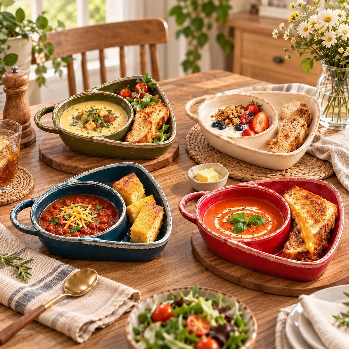 Ceramic Soup and Sandwich Bowl with Handle | Divided Serving Dish
