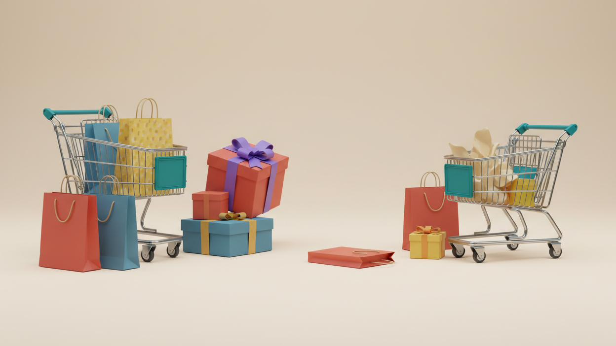 Miniature shopping carts and gift boxes on a beige background