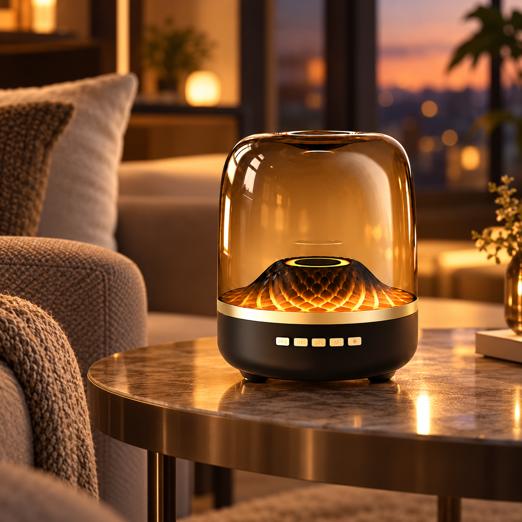 Manhattan Bluetooth speaker glowing on a living room side table