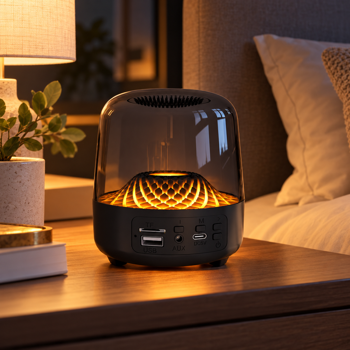 Manhattan Bluetooth speaker on a bedside table in a cosy bedroom