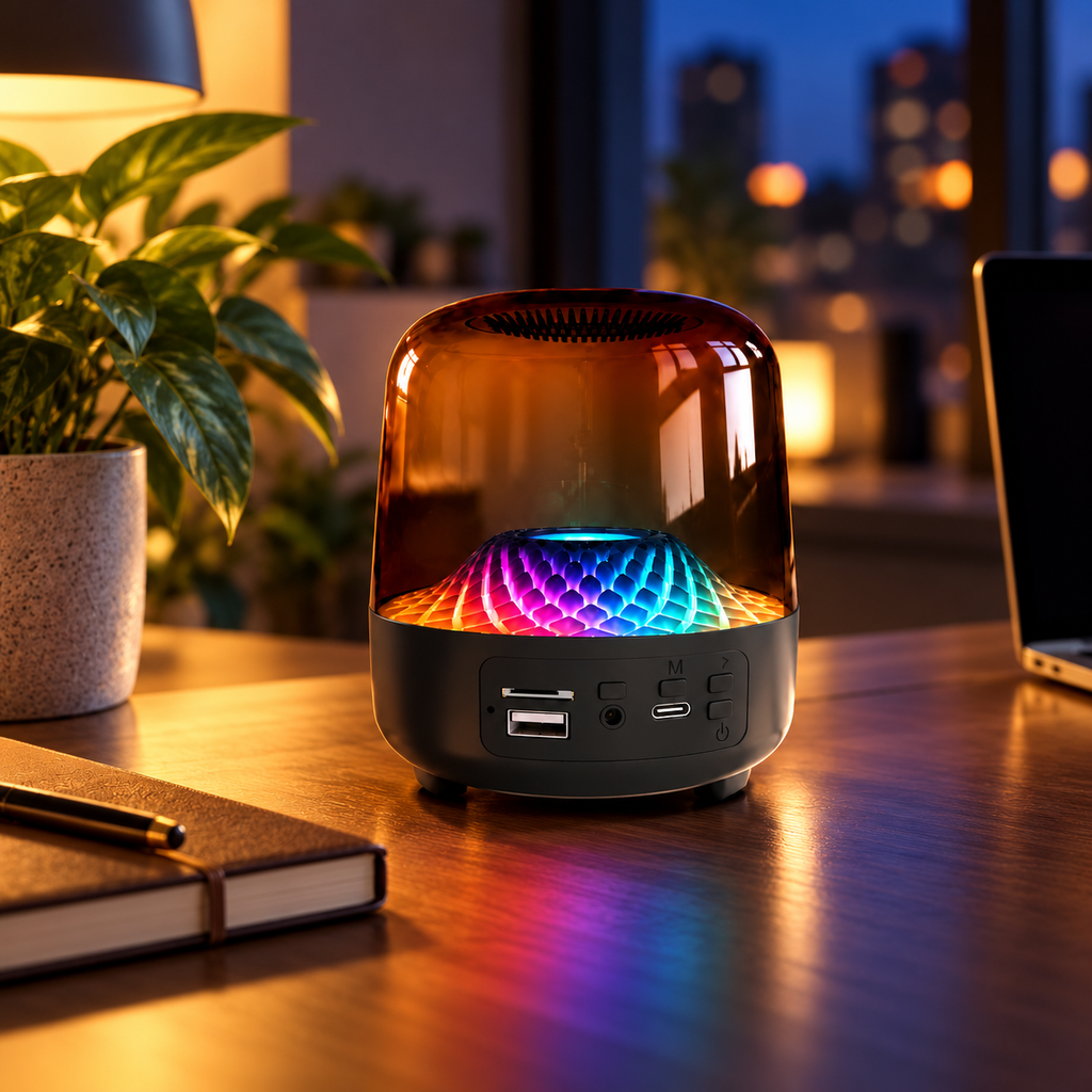 Manhattan Bluetooth speaker with multicolour lighting on a home office desk