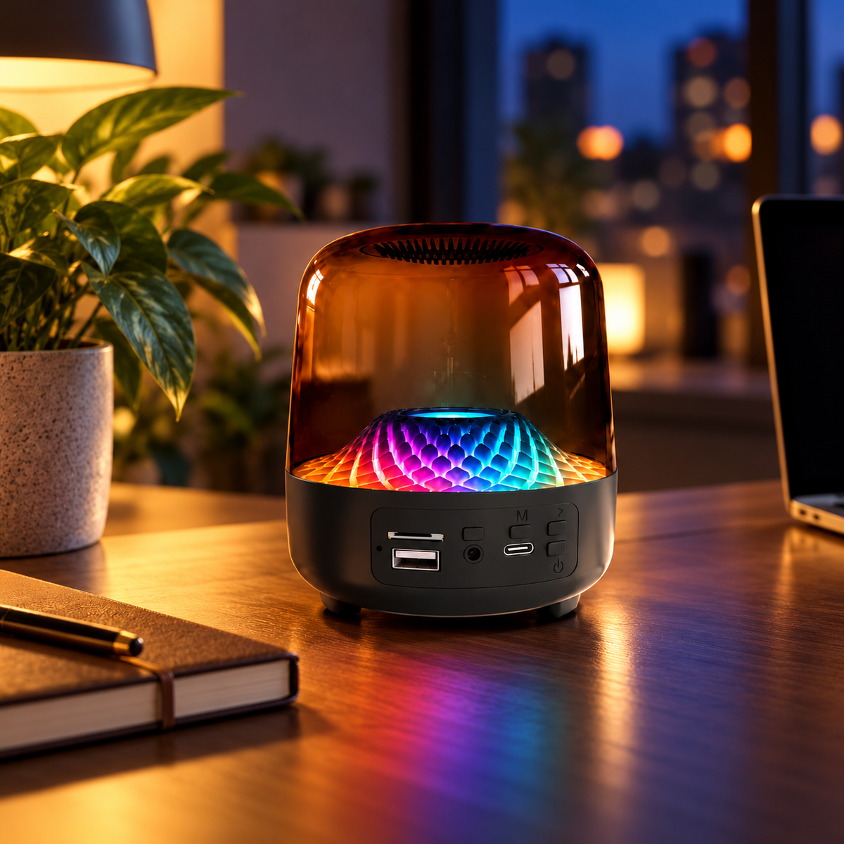 Manhattan Bluetooth speaker with multicolour lighting on a home office desk