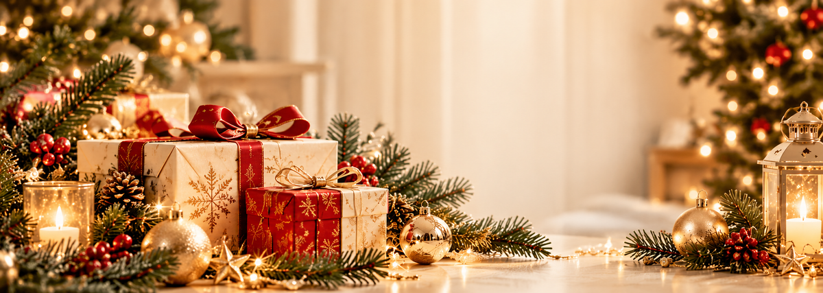 Elegant Christmas gifts with evergreen branches, golden ornaments and warm lights