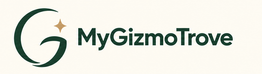 MyGizmoTrove forest green G logo with champagne gold sparkle on ivory